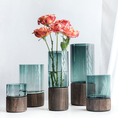 New List Solid Wood Base Glass Vase Luxury Living Room Decoration Figurines Wedding Decor Bedside Plants Holder Crafts Gift