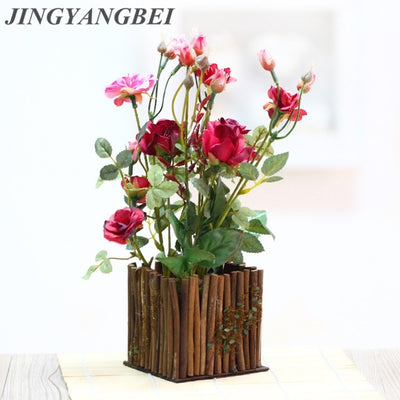 Wooden fence bonsai Artificial rose flowers with vase set  potted fake Flower  desktop plants home decoration