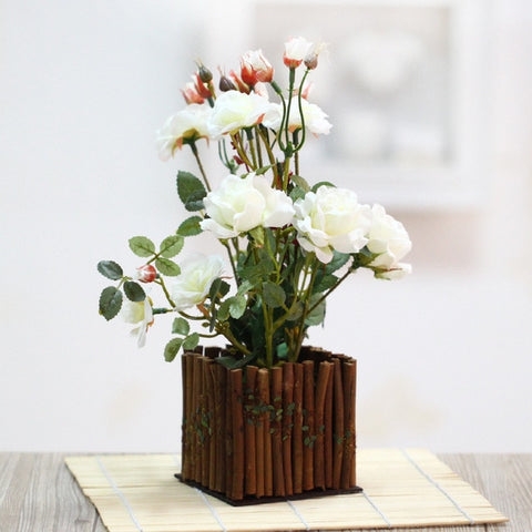 Wooden fence bonsai Artificial rose flowers with vase set  potted fake Flower  desktop plants home decoration