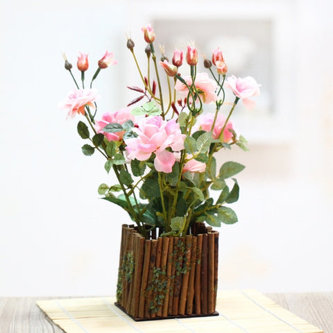 Wooden fence bonsai Artificial rose flowers with vase set  potted fake Flower  desktop plants home decoration