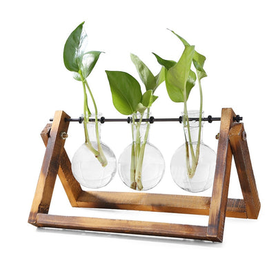 Glass Wood Vase Planter Terrarium Table Desktop Hydroponics Plant Bonsai Flower Pot Hanging Pots with Wooden Tray Home Decor