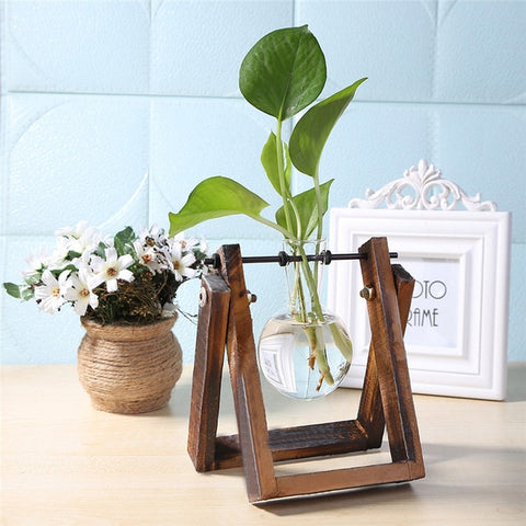 Glass Wood Vase Planter Terrarium Table Desktop Hydroponics Plant Bonsai Flower Pot Hanging Pots with Wooden Tray Home Decor