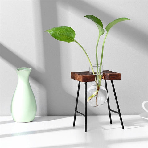 Glass Wood Vase Planter Terrarium Table Desktop Hydroponics Plant Bonsai Flower Pot Hanging Pots with Wooden Tray Home Decor