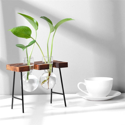 Glass Wood Vase Planter Terrarium Table Desktop Hydroponics Plant Bonsai Flower Pot Hanging Pots with Wooden Tray Home Decor