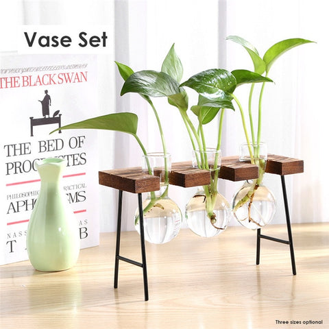 Glass Wood Vase Planter Terrarium Table Desktop Hydroponics Plant Bonsai Flower Pot Hanging Pots with Wooden Tray Home Decor