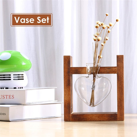 Glass Wood Vase Planter Terrarium Table Desktop Hydroponics Plant Bonsai Flower Pot Hanging Pots with Wooden Tray Home Decor