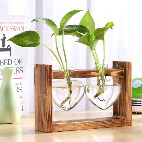 Glass Wood Vase Planter Terrarium Table Desktop Hydroponics Plant Bonsai Flower Pot Hanging Pots with Wooden Tray Home Decor
