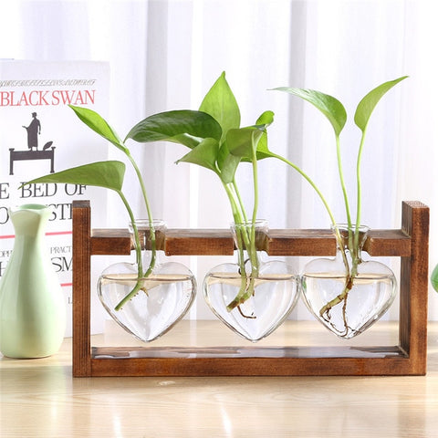 Glass Wood Vase Planter Terrarium Table Desktop Hydroponics Plant Bonsai Flower Pot Hanging Pots with Wooden Tray Home Decor