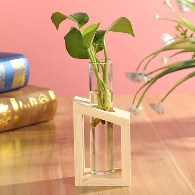 Glass Wood Vase Planter Terrarium Table Desktop Hydroponics Plant Bonsai Flower Pot Hanging Pots with Wooden Tray Home Decor