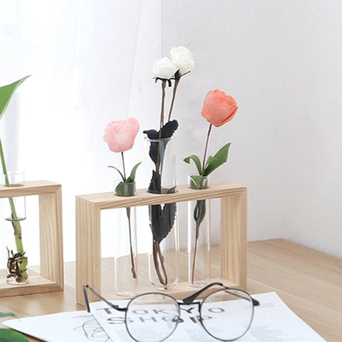 Glass Wood Vase Planter Terrarium Table Desktop Hydroponics Plant Bonsai Flower Pot Hanging Pots with Wooden Tray Home Decor