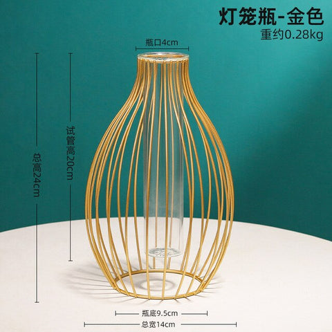Nordic Golden Glass Vase Terrarium Geometric Iron Line Vase Hydroponic Plant Flower Vase Metal Plant Holder Home Decor Modern