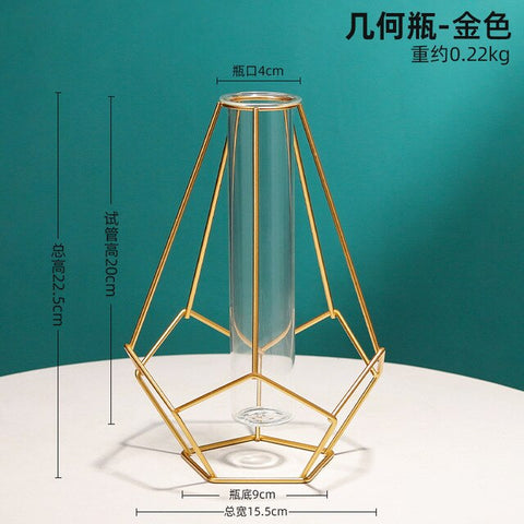Nordic Golden Glass Vase Terrarium Geometric Iron Line Vase Hydroponic Plant Flower Vase Metal Plant Holder Home Decor Modern