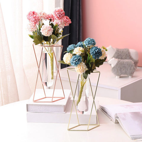 Nordic Creative Vase Home Decor Golden Glass Vase Hydroponic Plant Holder Iron Line Flowers Ornament Home Garden Decoration
