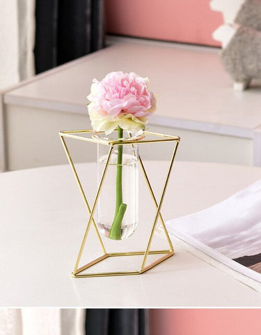 Nordic Creative Vase Home Decor Golden Glass Vase Hydroponic Plant Holder Iron Line Flowers Ornament Home Garden Decoration