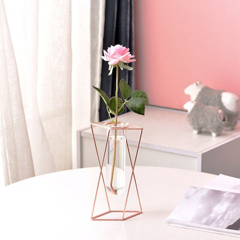 Nordic Creative Vase Home Decor Golden Glass Vase Hydroponic Plant Holder Iron Line Flowers Ornament Home Garden Decoration